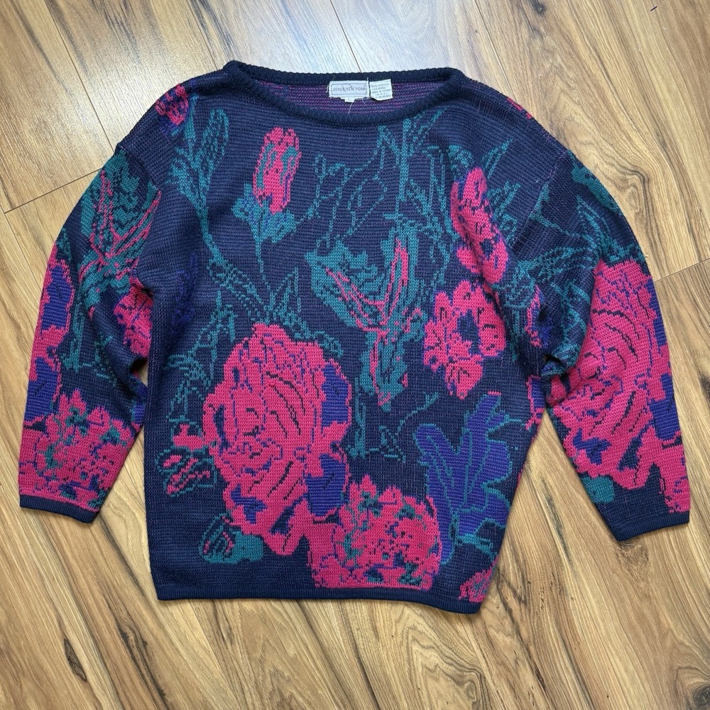 Vtg Sz L Rose Knit Sweater Grandma Floral Cottage Roses Y2K Wool Blend Hong Kong